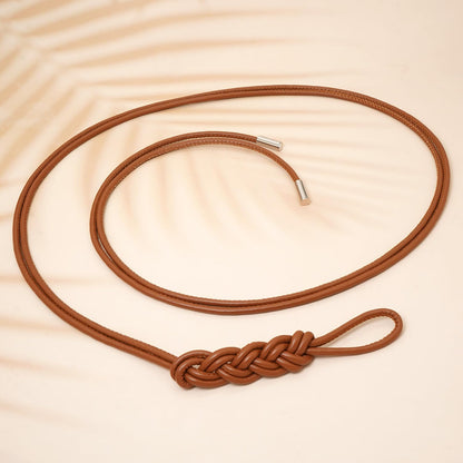 BAOKELAN Women Knot Thin Belts Skinny PU Leather Belts Boho Waist Belt for Dresses Brown 130CM