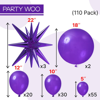PartyWoo Dark Purple Star Balloons 110pcs Different Sizes 18 12 10 5 Inch Pack 22 Inch Purple Spike Star Explosion Foil Mylar Balloon Arch Kit for Birthday Wedding Party Decorations Purple-Y16