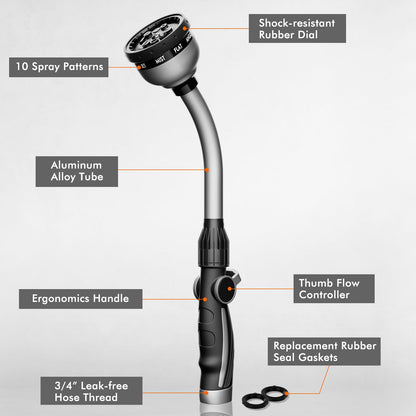 RESTMO Watering Wand Heavy Duty, Metal Garden Hose Wand with Thumb Flow Control, 15-Inch Long Hose Nozzle Sprayer with 10 Spray Patterns, Ideal to Water Hanging Baskets and Shrubs, Silver