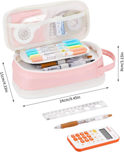 Dugio Big Pencil Case for Girls Teens Kids Zipper Pencil Pouch with Handle Organizer Pencil Bag Aesthetic Pencil Box for School Pink