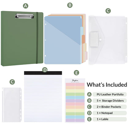 SKYDUE Clipboard Binder with Refillable Notepad, PU Clipboard Folder Includes 5 Dividers with 10 Pockets, Labels, 3 Ring Binder 1 Inch for School Office (Fit Letter Sized Paper),Olivegreen