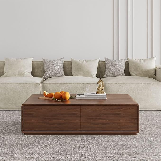POVISON Mid Century Coffee Table with 4 Drawers,51” Rectangle Wood Coffee Table for Living Room, Fully Assembled, Walnut