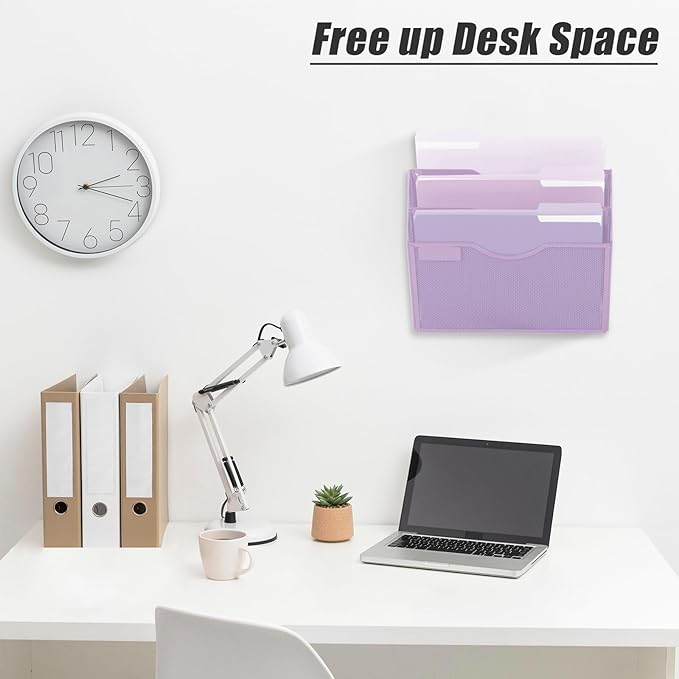 EASEPRES 3 Pocket Mesh Hanging Wall File Organizer, Wall Mounted Mail Paper Document Folder Holder, Clipboard Storage Organization Magazine Rack with Nametag Label for Office Home School, Light Purple