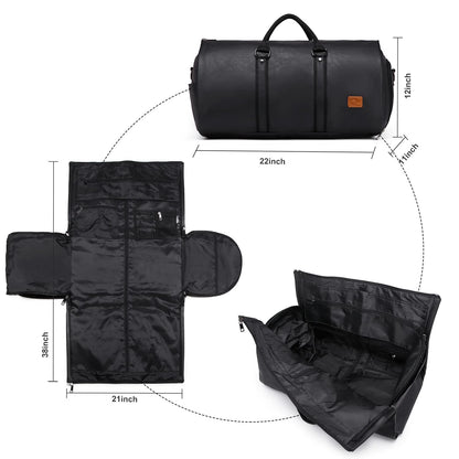 Carry On Garment Backpack, 3 in 1 Waterproof Mens Garment Bag for Travel Business, Leather Duffel Bag with Shoe Compartment -Black