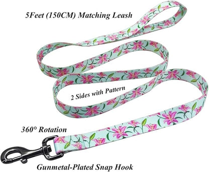 Dog Collar Leash Set, Floral Pattern, Polyester Material, Adjustable Collar and 5ft Matchcing Leash, for Small Dogs.(S, Green Lily)