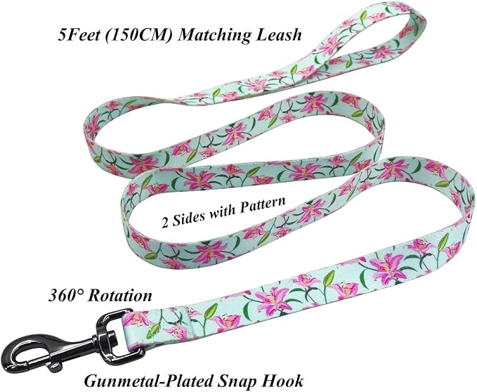 Dog Collar Leash Set, Floral Pattern, Polyester Material, Adjustable Collar and 5ft Matchcing Leash, for Medium Dogs.(M, Green Lily)
