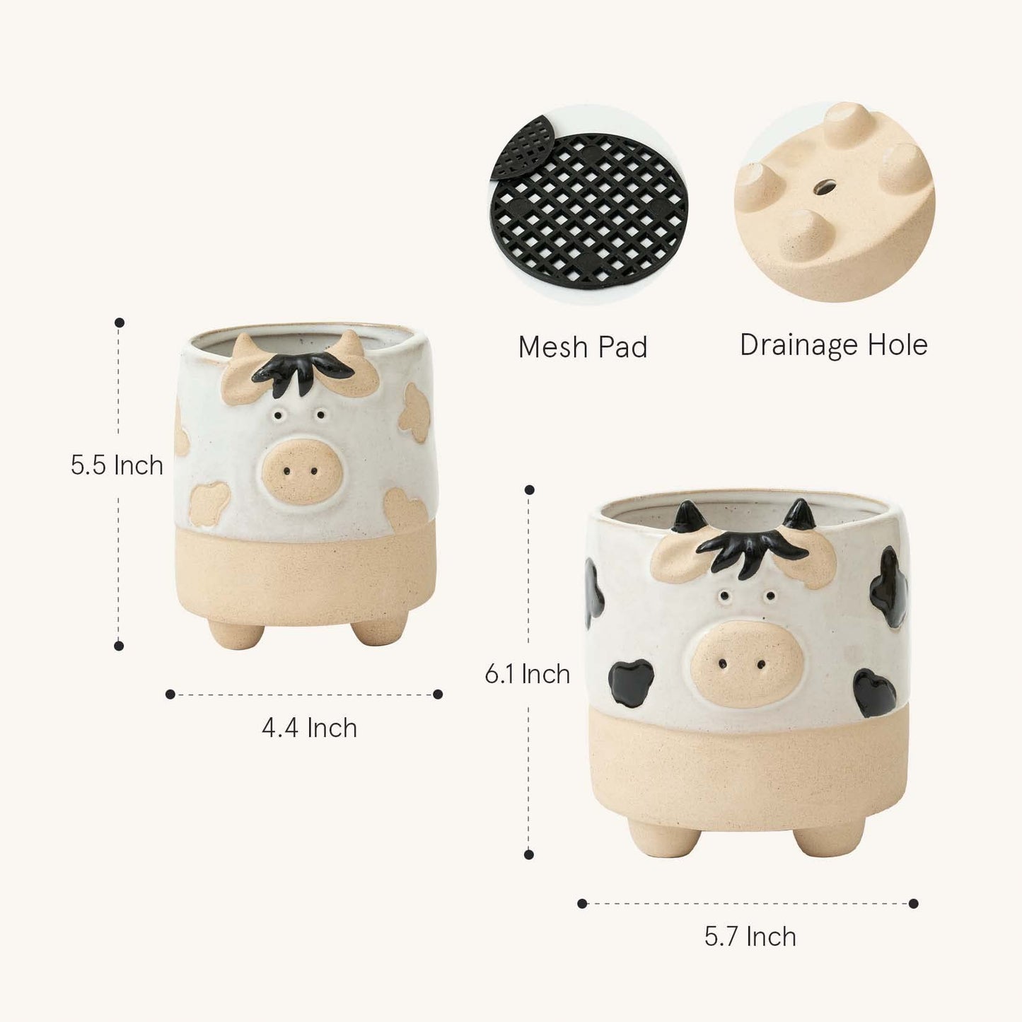 LA JOLIE MUSE Ceramic Animal Succulent Plant Pots - 5.7 + 4.4 Inch Cute Cow Shaped Half Glazed Rough Pottery Indoor Planters for Flower Cactus, Home Decor Gifts for Mom