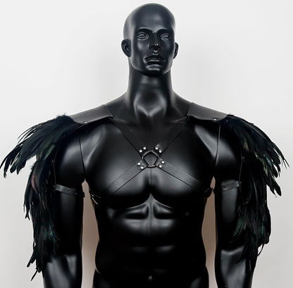 L'VOW Men's Feather Shoulder Armor Medieval Leather Harness Shoulder Guards Halloween Demon Cosplay(Black-2)