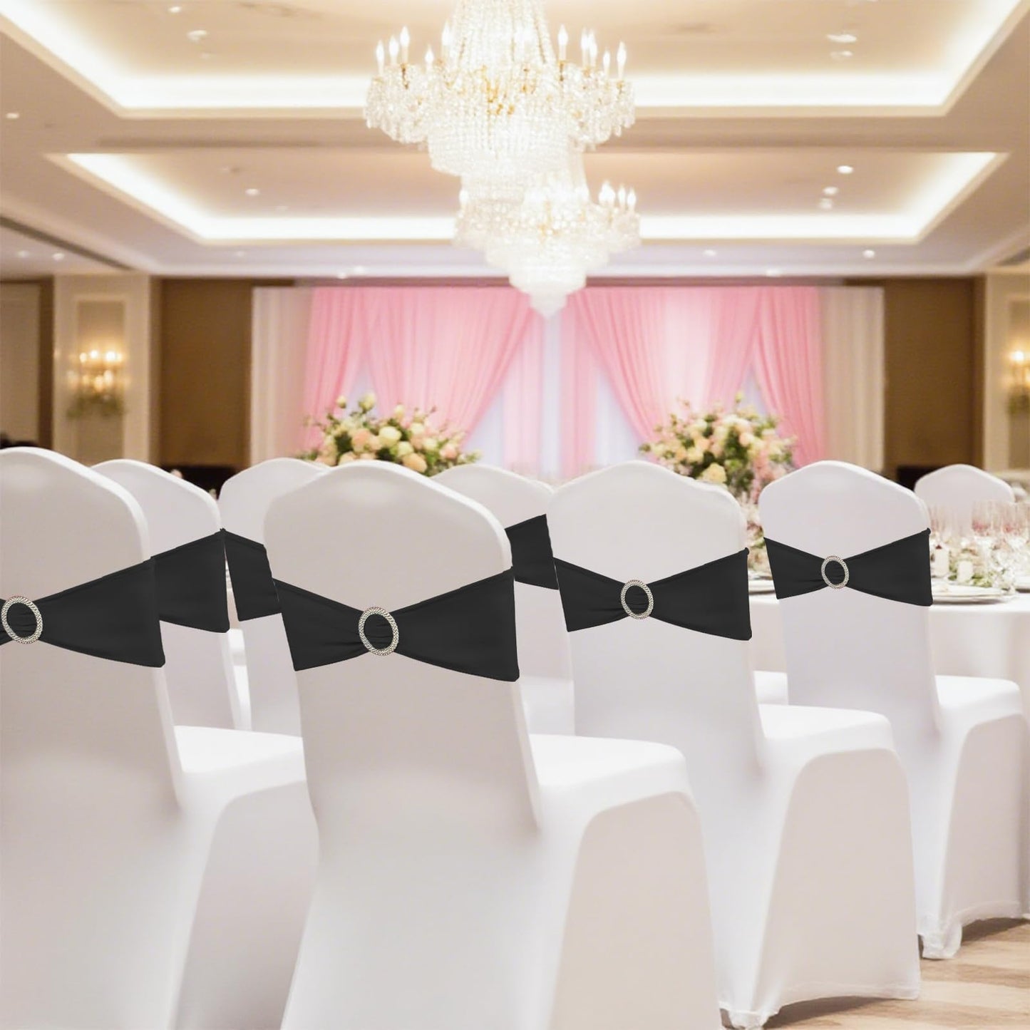 150 Pack Spandex Stretch Chair Sashes Bows, Elastic Stretch Chair Cover Bands Ties with Buckle Slider for Wedding Party Ceremony Reception Event Banquet Decoration (Black)