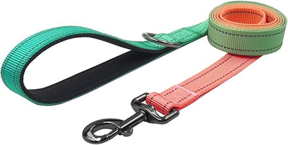 Dog Collar Leash Set, Gradient Color, with Safety Reflective Strips, 5 ft Matching Leash, Neoprene Padded Handle, Adjustable 4 Sizes for Small Medium Large Dogs.(M, Green Orange)
