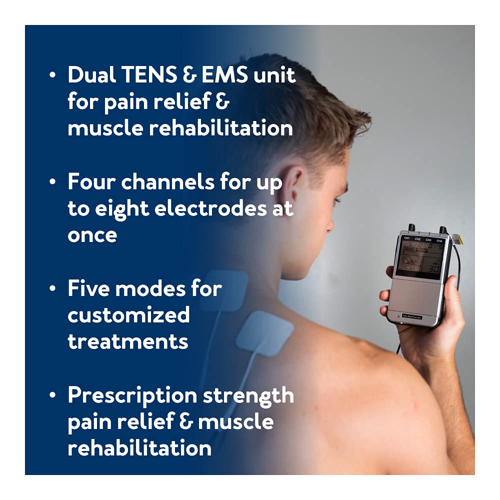 Roscoe Medical TENS Unit and EMS Muscle Stimulator - 4-Channel OTC TENS Machine for Back Pain Relief, Lower Back Pain Relief, Neck Pain, Includes Case, Pain Relief, Muscle Recovery