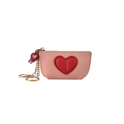 Red Heart Design Small Coin Purse - Cute Compact Keychain Change Purse Soft Leather Wallet with Zipper for Women (Pink)