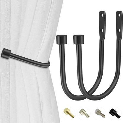 HIKMLK Minimalist Curtain Holdbacks 2pcs, 100% Cast Iron Solid Heavy Duty Metal Curtain Tieback Side Holders for Wall, Curtain Tie Hook Pull Backs for Drapes Window Home Decoration（Matte Black）
