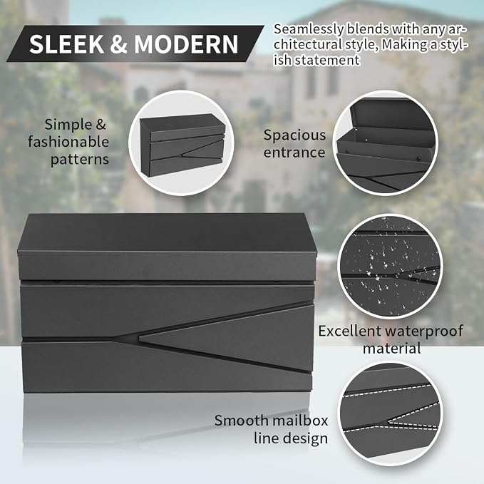 Ydocabinit Wall Mount Mailbox, Large Capacity Mailbox for House, Galvanized Steel Rust-Proof Metal Post Box Drop， Mailboxes for Outside, 15.74"×9.84"×4.33", Black Modern Sleek Style