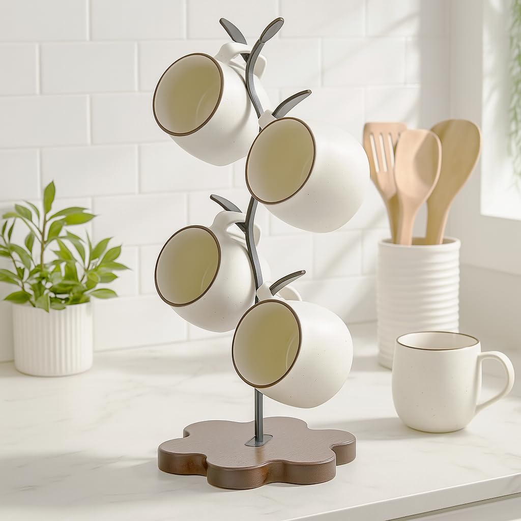 Bellglee Mug Tree for Coffee Cups – Rustic Mug Holder Stand with 4 Hooks, Countertop Cup Rack for Coffee Bar & Kitchen Organization