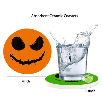 Nicegod Happy Halloween Coasters Set of 6, Round Absorbent Ceramic Coaster, with Metal Holder and Cork Base, Spooky Face Monster Coasters for Coffee Table Home Decor Kitchen Housewarming Gifts