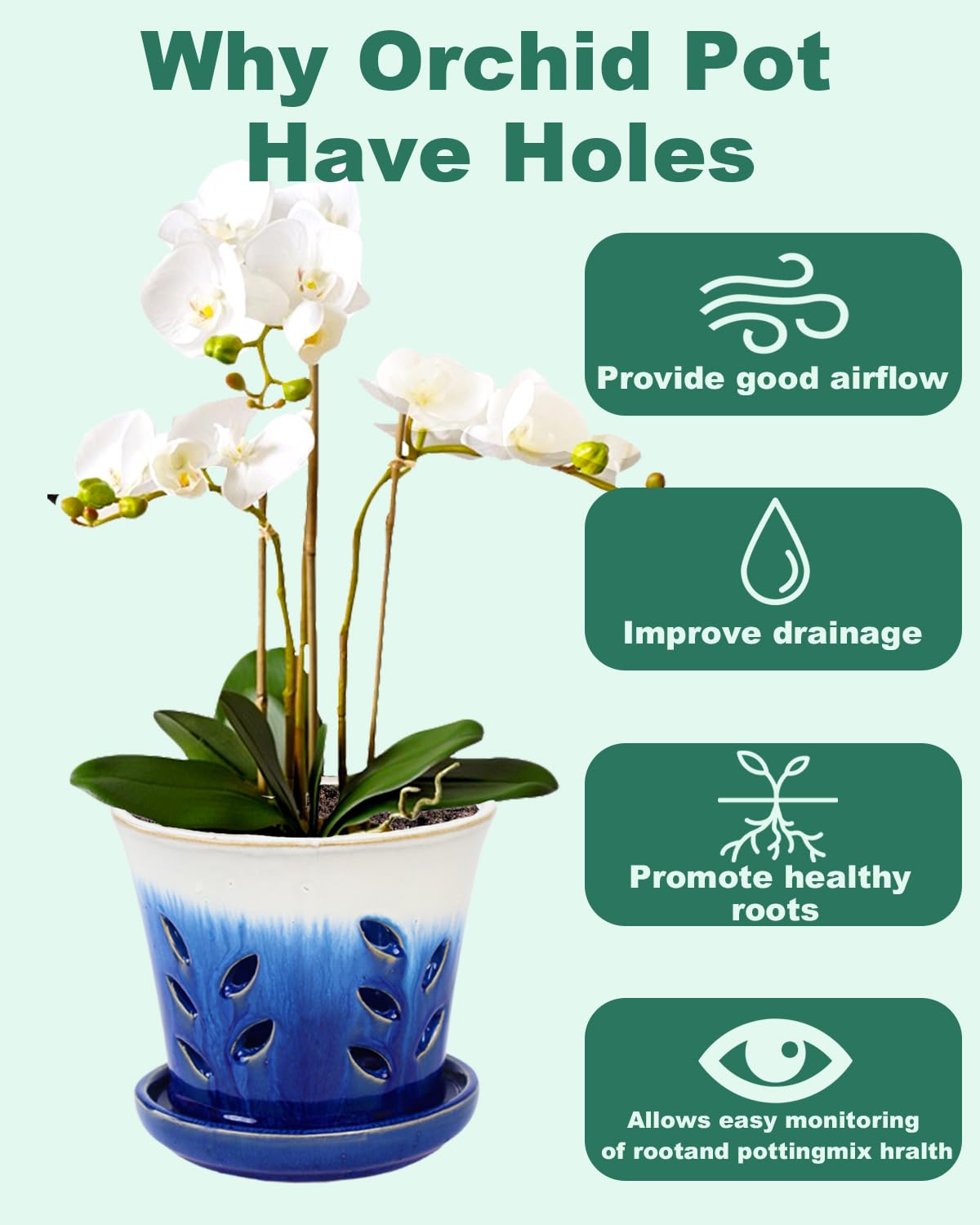 vensovo 5.5 Inch Ceramic Orchid Pot - Orchid Pot with Holes for Repotting, Ceramic Planter with Saucer for Indoor/Outdoor Plants, Blue