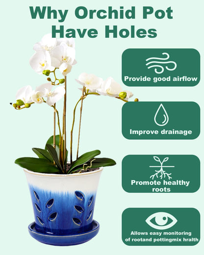 vensovo 5.5 Inch Ceramic Orchid Pot - Orchid Pot with Holes for Repotting, Ceramic Planter with Saucer for Indoor/Outdoor Plants, Blue
