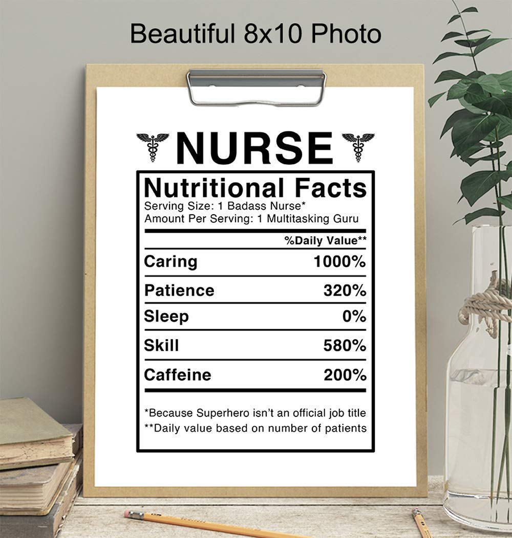 Nurse Nutritional Facts Wall Art - Funny 8x10 Room Decor, Home Decoration for Medical Clinic or Office - Unique Gift for Physicians Assistant, PA, Student - Unframed Poster Picture Sign Print