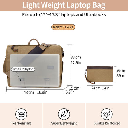 Nerlion Messenger Bag for Men 17-17.3 Inch Laptop Bag Canvas Water-resistant Computer Bag Shoulder Bag Work Briefcase Bookbag for College (Brown)