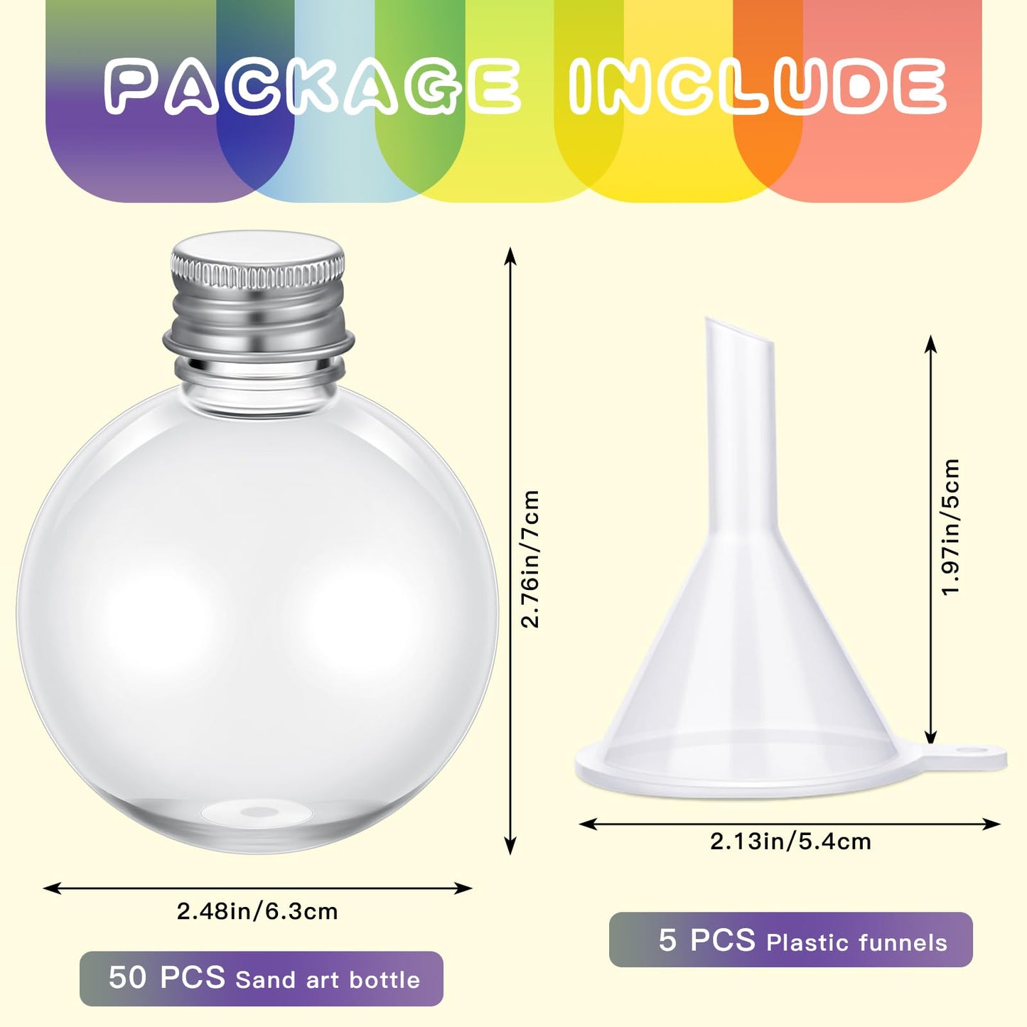 Hsei 50 Pcs Plastic Sand Art Bottles and 5 Mini Funnels Round Clear Potion Bottles Candy Jars for Liquor Birthday Decoration DIY Art Crafts Gift, Without Sand(Round Bulb)