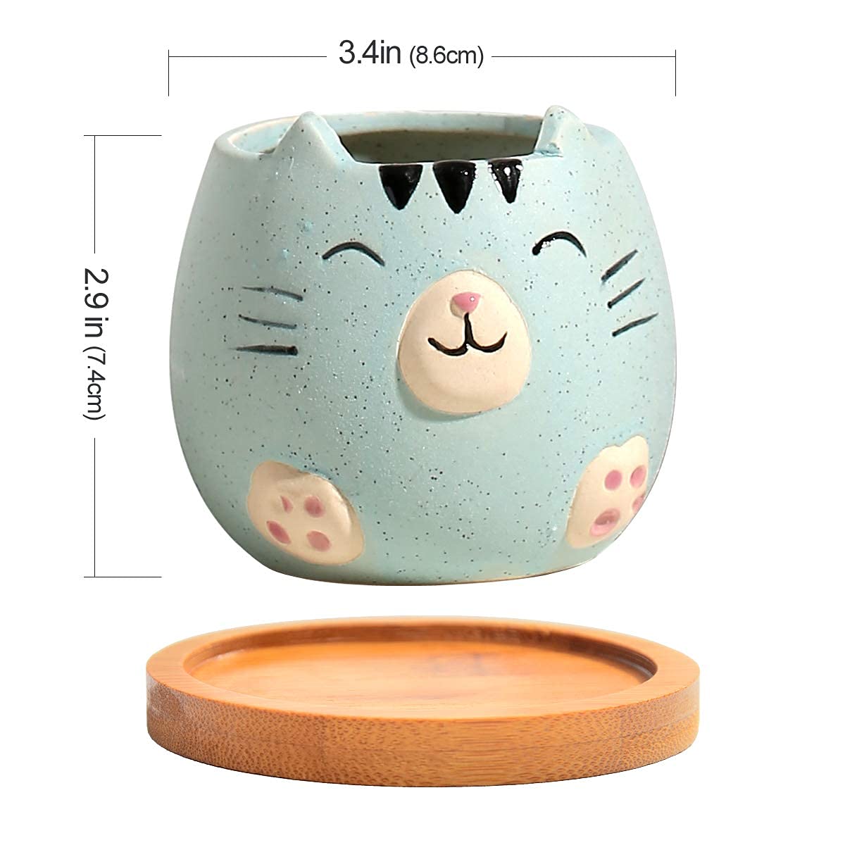 6Pack 3.4inch Small Ceramic Animal Planter Pots for Baby Succulent with Drainage and Bamboo Tray (Matte Cats)