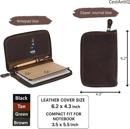 CestAntiQ Zippered Leather Journal Cover Compatible with Moleskine Cahier TWONE Original Kraft Elan Pitch Black Pocket Size 3.5 x 5.5 for Field Notes Notebook Memo Books with Pen Holder Handmade (Tan)