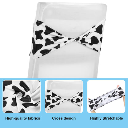 Newwiee 48 Stretch Chair Cover Sashes with 6 Table Runner 6 x 14 Inch Elastic Chair Band Ties 14 x 108 Inch Table Runner for Family Banquet Party Decoration(Cow Stripe)
