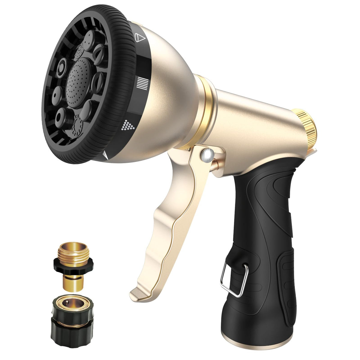 Qxiaozhan Heavy Duty Hose Nozzle, 9-IN-1 Spray Patterns, Spray Nozzles for Garden Hose with Metal Trigger & Lock Bar, 3/4" Thread & Connection Adapter, Suit for Watering Plants, Lawn, Car, Outdoor Pet