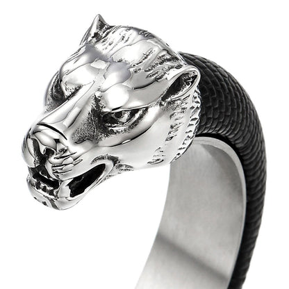 COOLSTEELANDBEYOND Mens Steel Wolf Head Open Cuff Bangle Bracelet Inlaid with Black Leather Elastic Adjustable