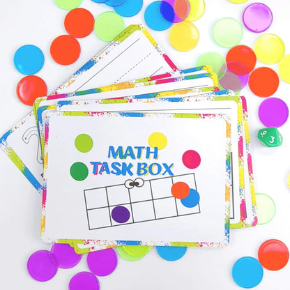 Math Task Boxes Set of 5 Math Manipulatives Themes 230+ Pieces of Number Rods, Base Ten Blocks, Ten Frame Disc Counters, Place Value Blocks, 0-9 Numbers, 3D Shapes, Activity Cards (Disc Counters)