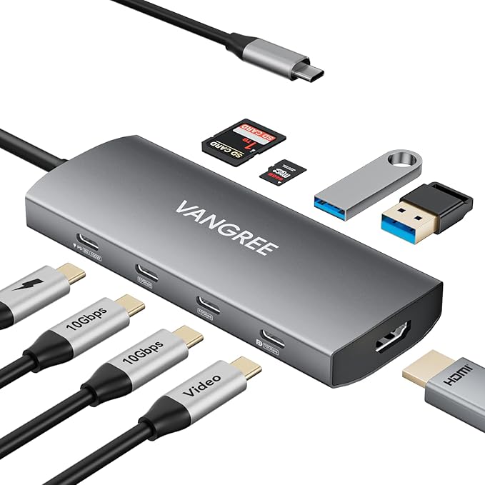 USB C Video Output Hub, 3 USB-C & 2 USB-A 3.2 10Gbps Ports, 4K@60Hz HDMI, 100W PD, SD/TF, USBC Splitter Dual Monitor Adapter for MacBook Pro/Air, iMac, iPad Pro, XPS, Surface, Galaxy S22,Samsung DEX