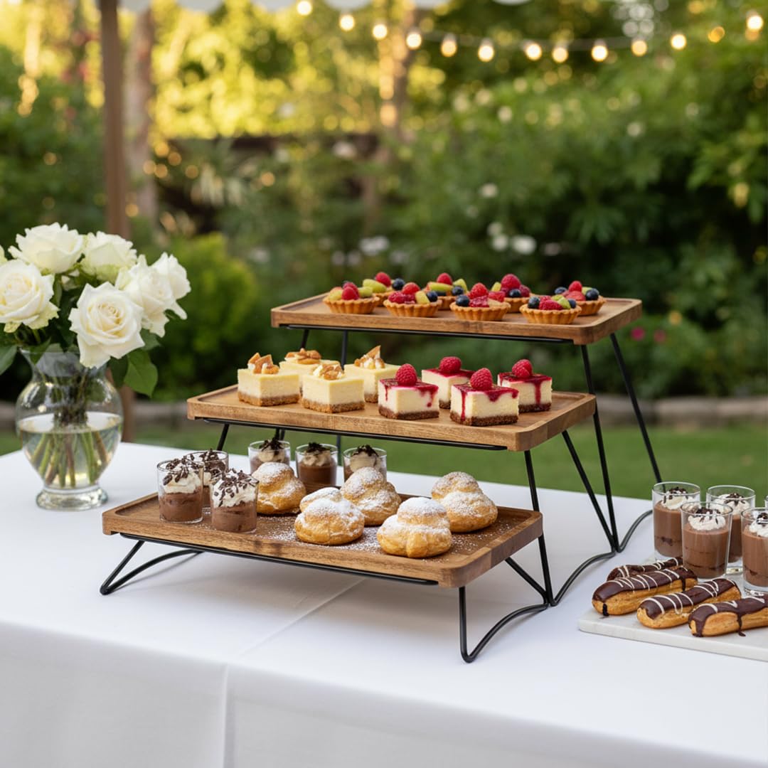 Oaklyn Rust Proof 3 Tier Wooden Cupcake Stand of Acacia Wood | Eco Friendly Tiered Tray Stand with Wooden Serving Trays & Platters for Party, Decor & Birthdays | 3 Tier Serving Tray Dessert Stands