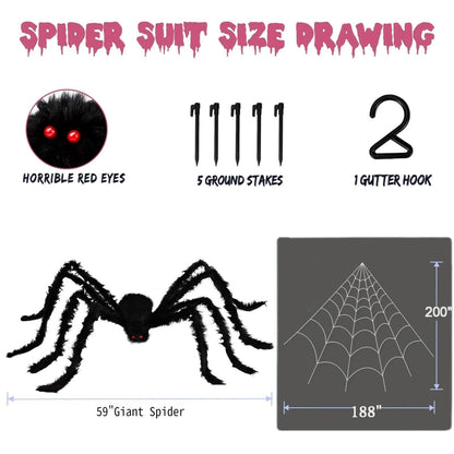 PUHPIG 200" Halloween Spider Web + 59" Giant Spider Decorations, Triangular Huge Spiders Web and Hairy Scary Fake Spider, for Indoor Outdoor Porch Yard, Scary Haunted House Party, and Halloween Décor