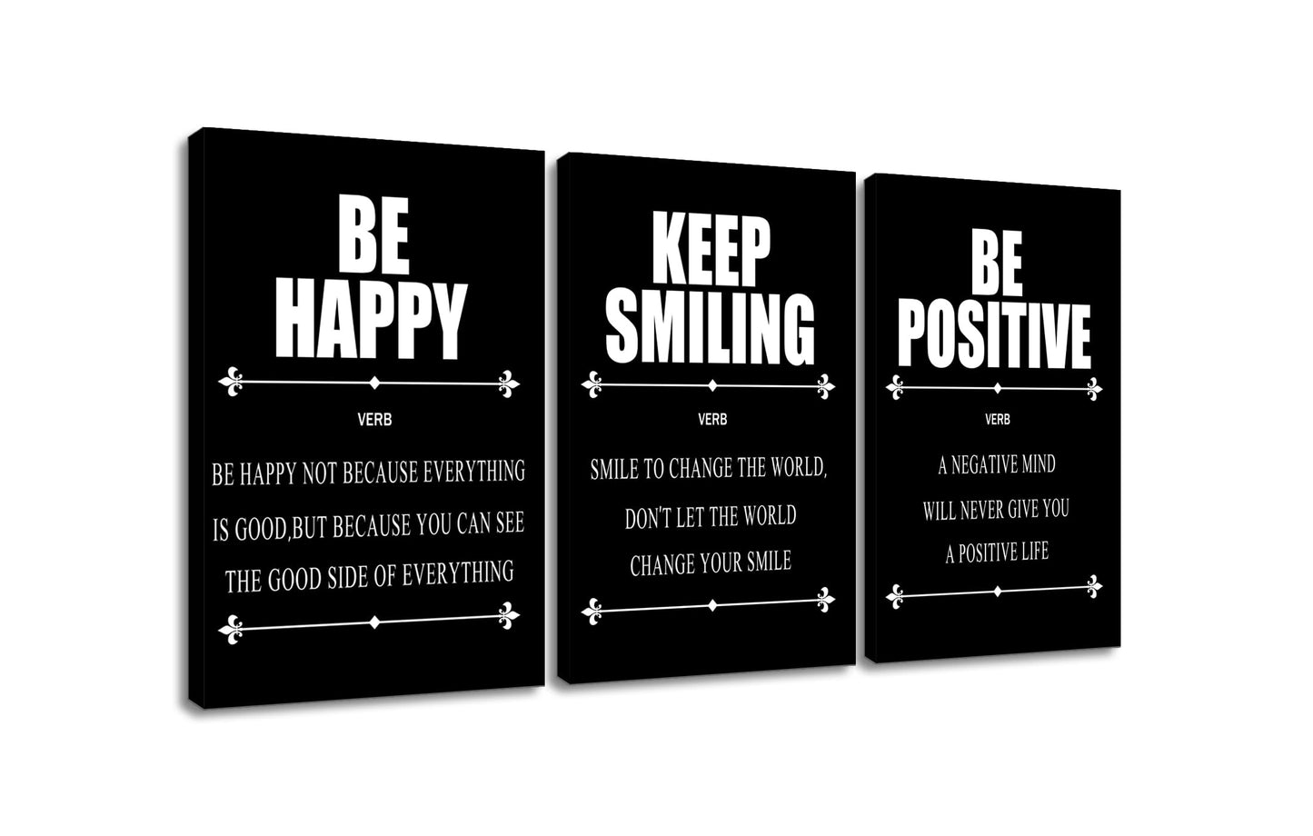 YSPCSUN Triptych Wall Decor Inspirational Posters for Office, Black White Be Happy Positive Quote 3 Panel Canvas Prints for Home Office Dorm Classroom, 48x24 Inch Display