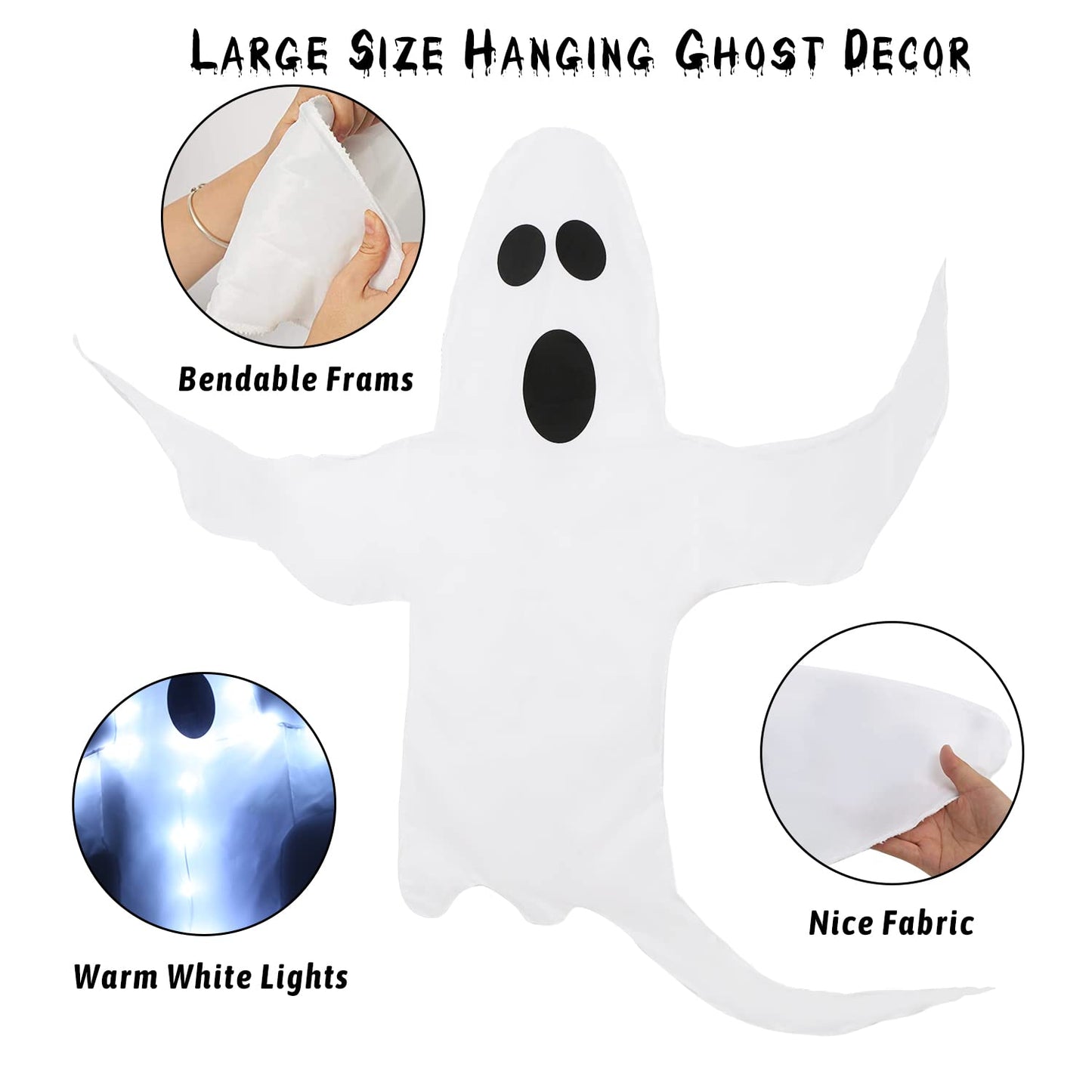 CCINEE Peek A Boo Hanging Ghost with White Lights 50" X 53" Prelit Large Spooky Outdoor Tree Wrap Ghost Decoration for Halloween Party Lawn Patio Haunted House Props Supply