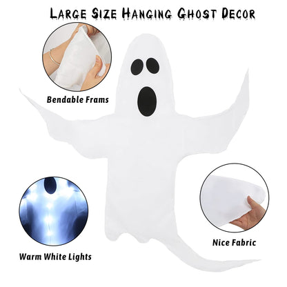 CCINEE Peek A Boo Hanging Ghost with White Lights 50" X 53" Prelit Large Spooky Outdoor Tree Wrap Ghost Decoration for Halloween Party Lawn Patio Haunted House Props Supply