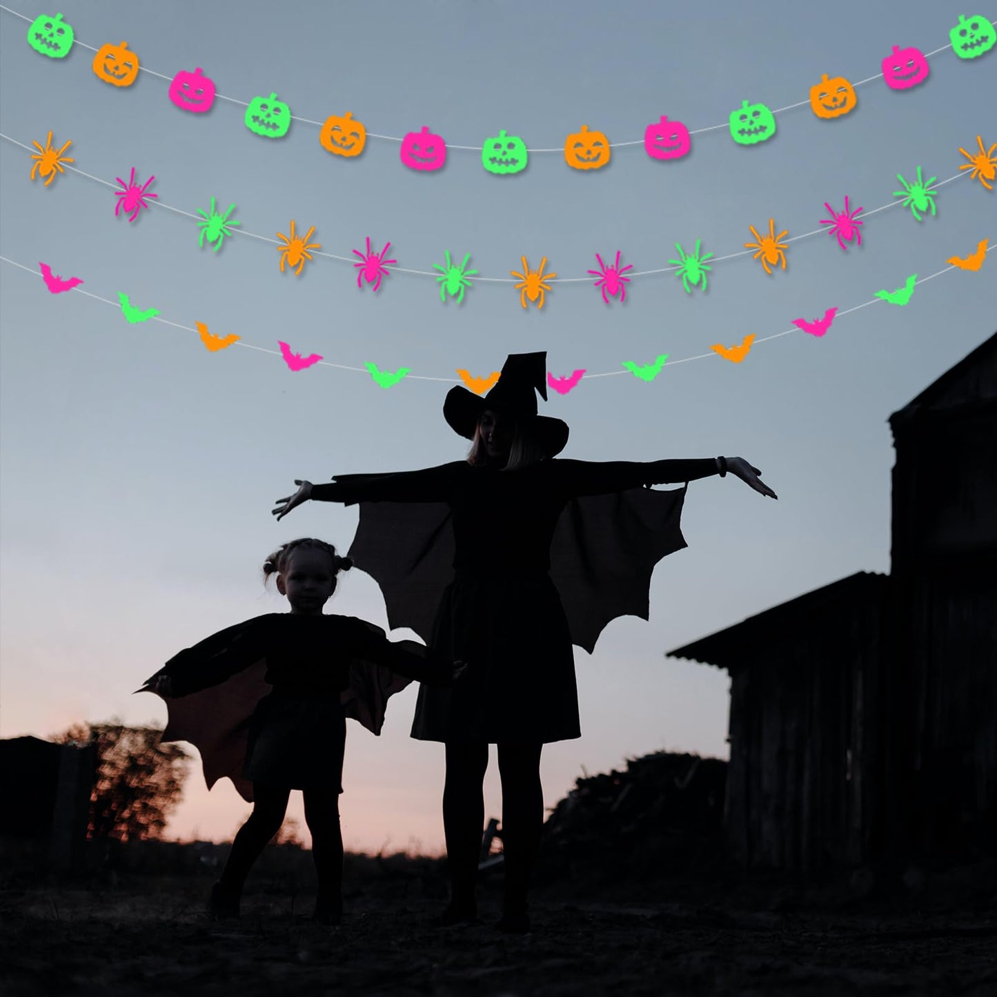 Halloween Party Decorations Neon Banner - 3pcs Glow in The Dark Paper Pumpkin Bats Spiders Hanging Swirls Streamers,Window Fireplace Room Ceiling Garland, Baby Shower Birthday Supplies Decor Panduola