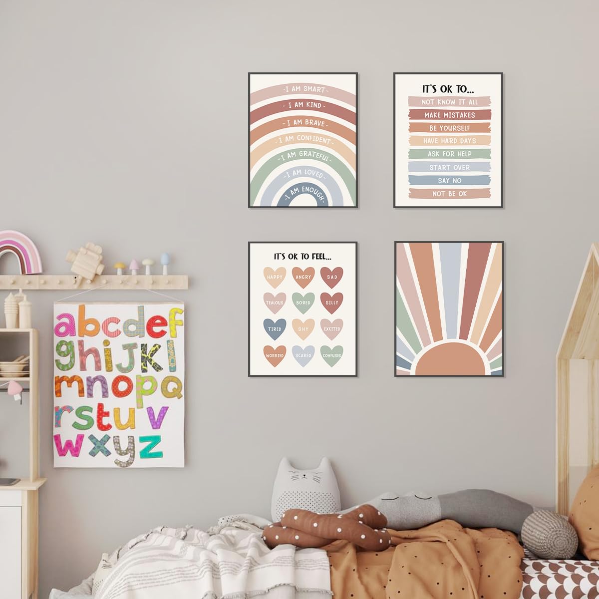 PLKMN Boho Rainbow Wall Art, Positive Affirmations Prints for Kids Room, Nursery, Classroom, Teacher Gifts, 10x8 Inch, Set of 4 Unframed