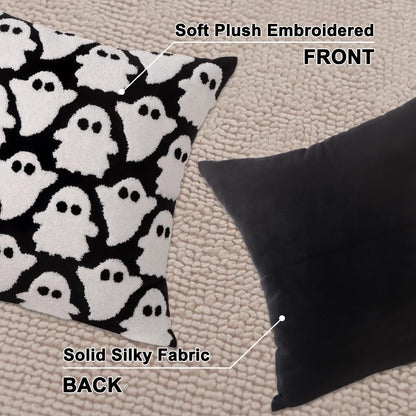 Heirloom Haven Halloween Ghosts Embroidered Throw Pillow Covers Set of 4,Polka Dot Spooky Boo Pillow Case Holiday Farmhouse Cushion Case Decoration for Sofa Couch 18 x 18 Inch