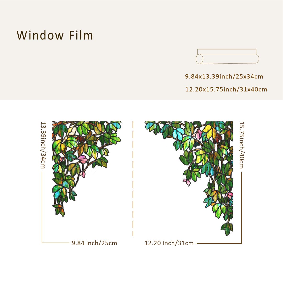 ChicSkin Original Hand Drawn Stained Glass Window Hanging Cling, Green Window Privacy Film Decorative Leaves Bird Cling, Green Vine Bird 15.75"X22.04"