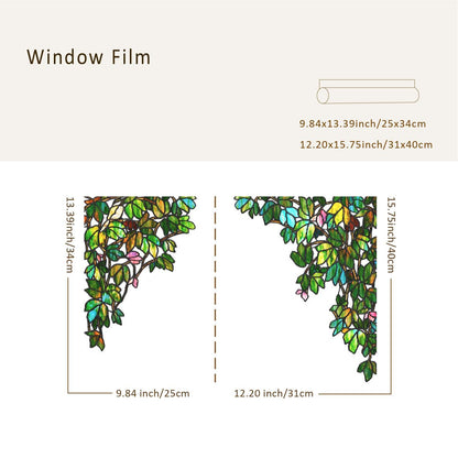ChicSkin Original Hand Drawn Stained Glass Window Hanging Cling, Green Window Privacy Film Decorative Leaves Bird Cling, Green Vine Bird 15.75"X22.04"