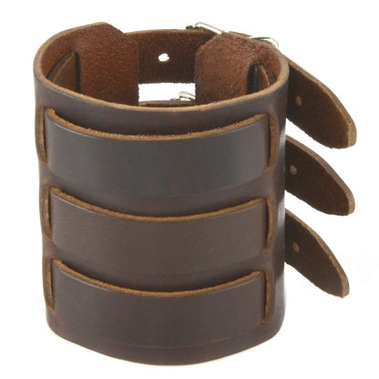 HZMAN Dark Brown Leather Wide Triple Strap Cuff Wrap Gauntlet Wristband Buckle Fastening Arm Armor Cuff (Brown)