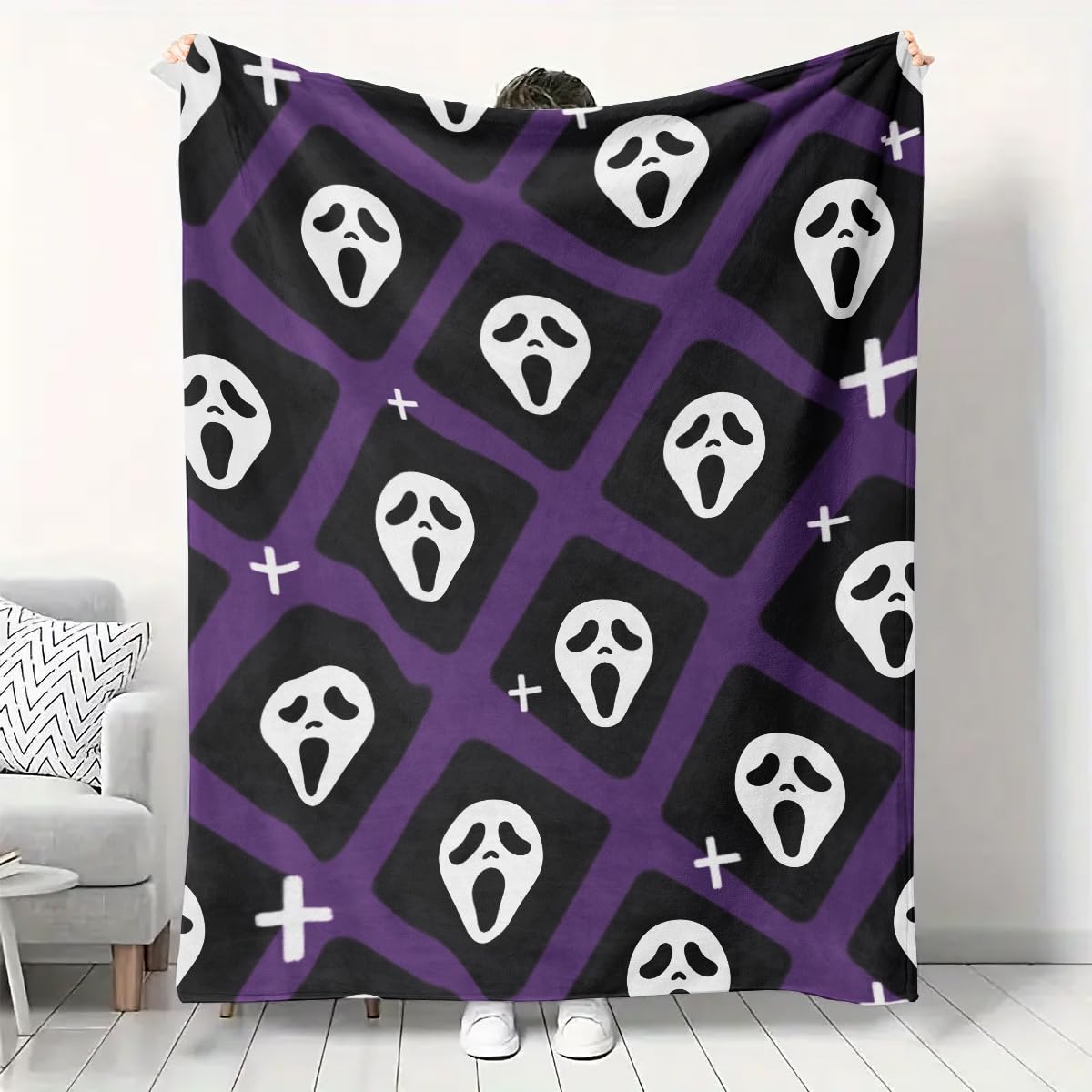 Halloween Spooky Face Blanket, Purple and Black, Soft Ghost Throw for Travel, Office, Home (60" x 50")