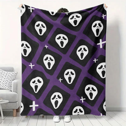 Halloween Spooky Face Blanket, Purple and Black, Soft Ghost Throw for Travel, Office, Home (60" x 50")