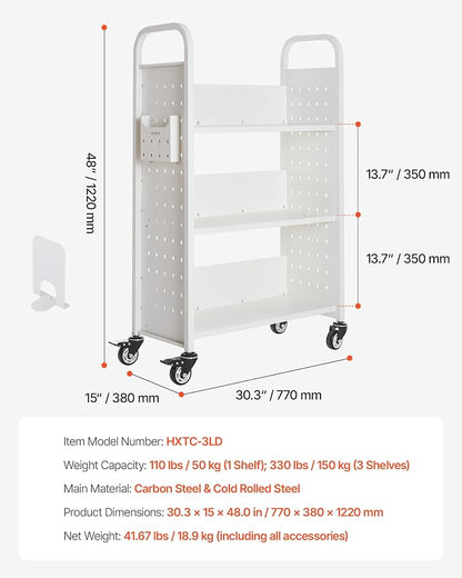 VEVOR Rolling Library Book Cart, 330 lbs Capacity, 30.3 x 15 x 48.0-Inch Library Cart, Single Sided L-Shaped Shelves with 3-Inch Lockable Wheels, Book Truck for Home Shelves Office and School, White