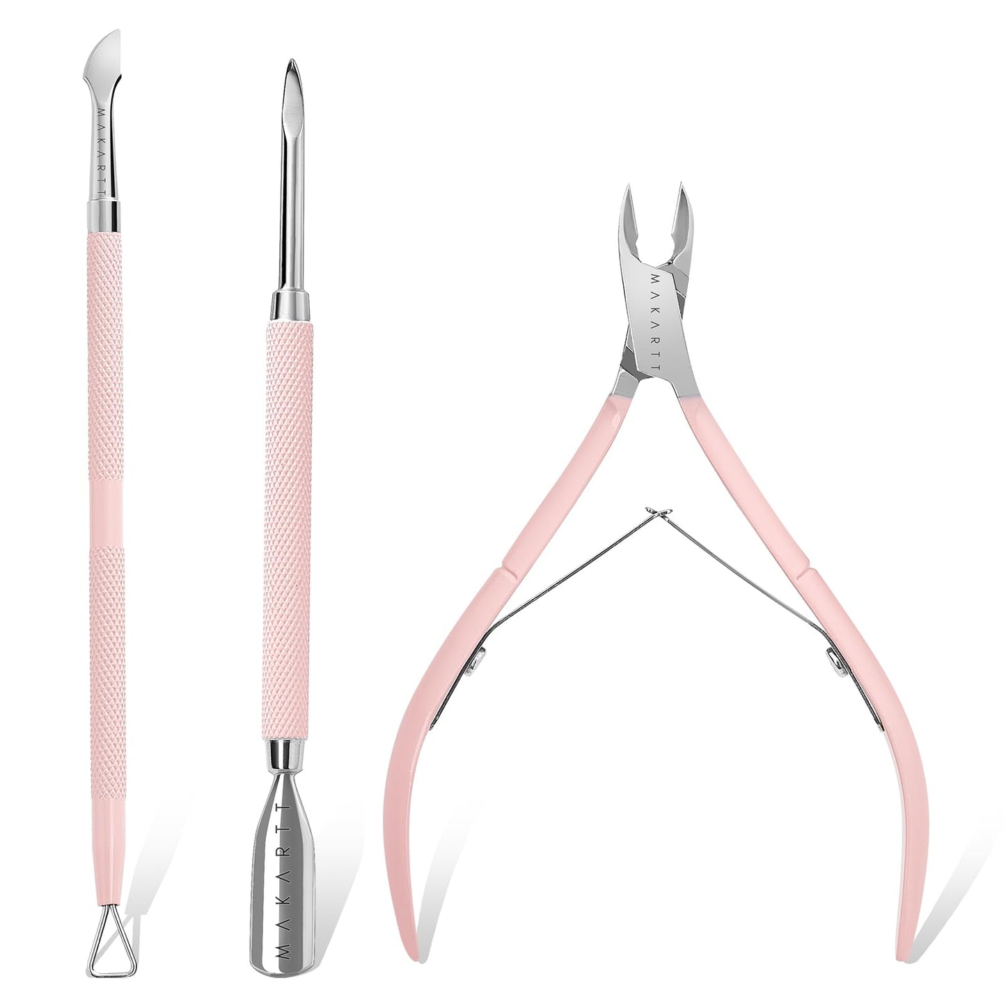 Makartt Cuticle Trimmer with Cuticle Pusher, Silver Nail Trimmer Nail Care Manicure and Pedicure Kit with Stainless Steel Cuticle Nipper and Dual End Nail Pushers for Home Salon Use (Pack of 3 PCS)