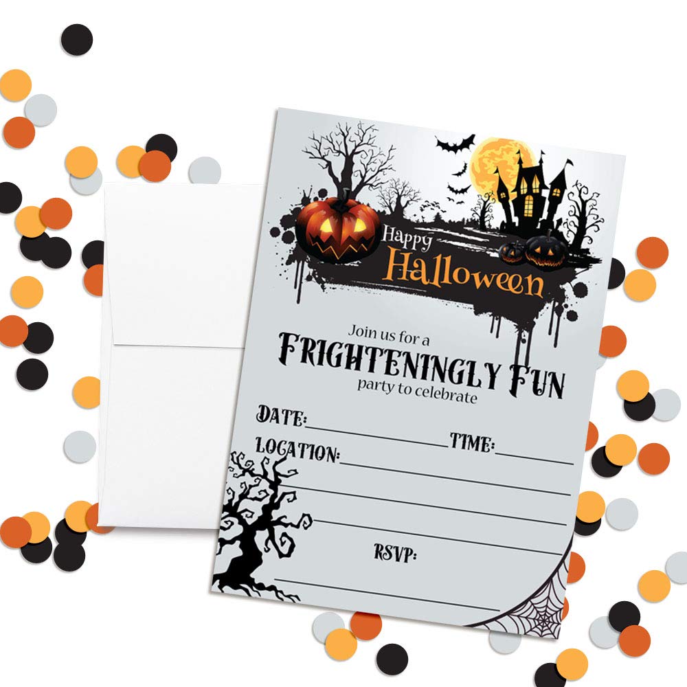 Frighteningly Fun Jack O’ Lantern & Haunted House Halloween Party Invitations, 20 5x7 Fill In Cards with Twenty White Envelopes by AmandaCreation
