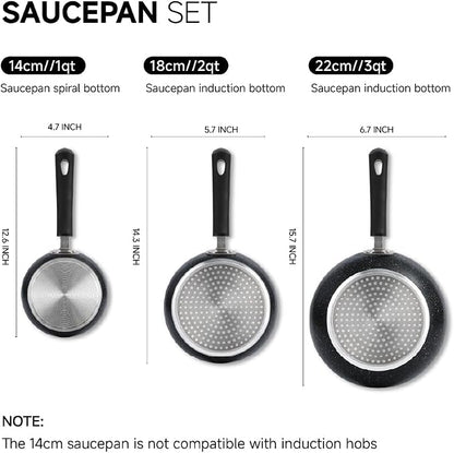 Nonstick Saucepan Set - 3-Pieces Pot Set 1 Quart & 2 Quart & 3 Quart,Ultra Non Stick Sauce Pan Small Pot with Glass Lid,Great for Home Kitchen Restaurant,Black