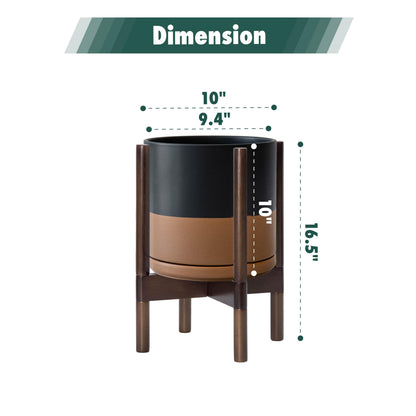 D'vine Dev Ceramic Planter with Walnut Color Stand - 10 Inch Modern Round Flower Pot with Wood Planter Holder, Black/Speckled Tan, 55-B-X-7